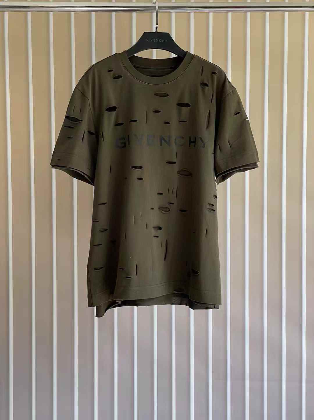 Givenchy 2 Layers Classic Fit Hole T-Shirt in khaki cotton