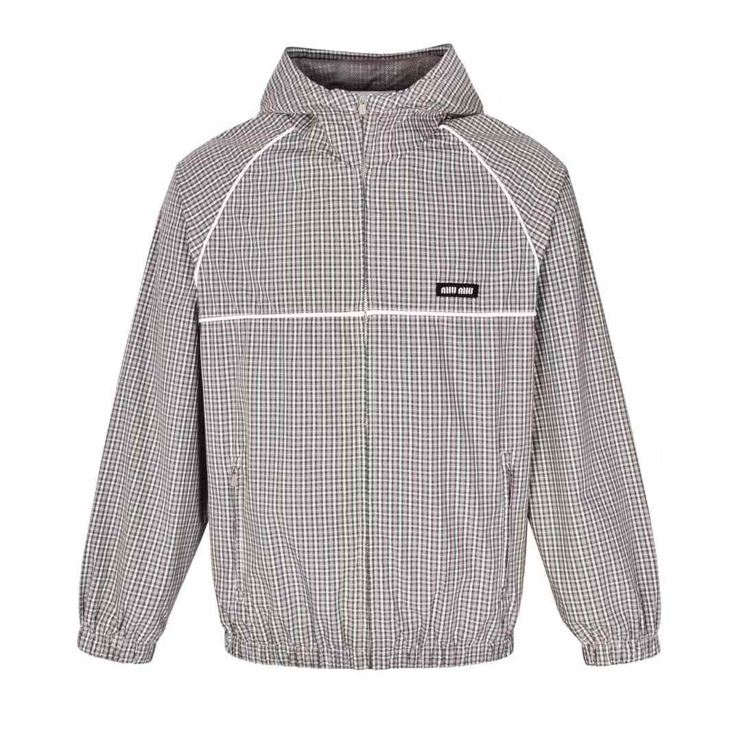 Miu Miu grey checked technical fabric bomber jacket in a recycled polyamide and cotton blend