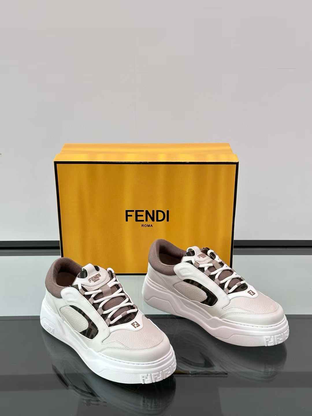 Fendi Force low-top sneakers in white full-grain leather with brown FF jacquard and beige details