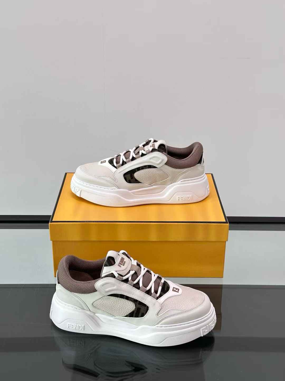 Fendi Force low-top sneakers in white full-grain leather with brown FF jacquard and beige details