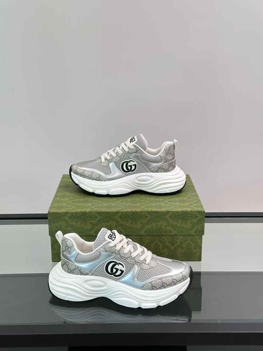 Gucci sneakers with a silver-tone mesh upper and chunky white sole