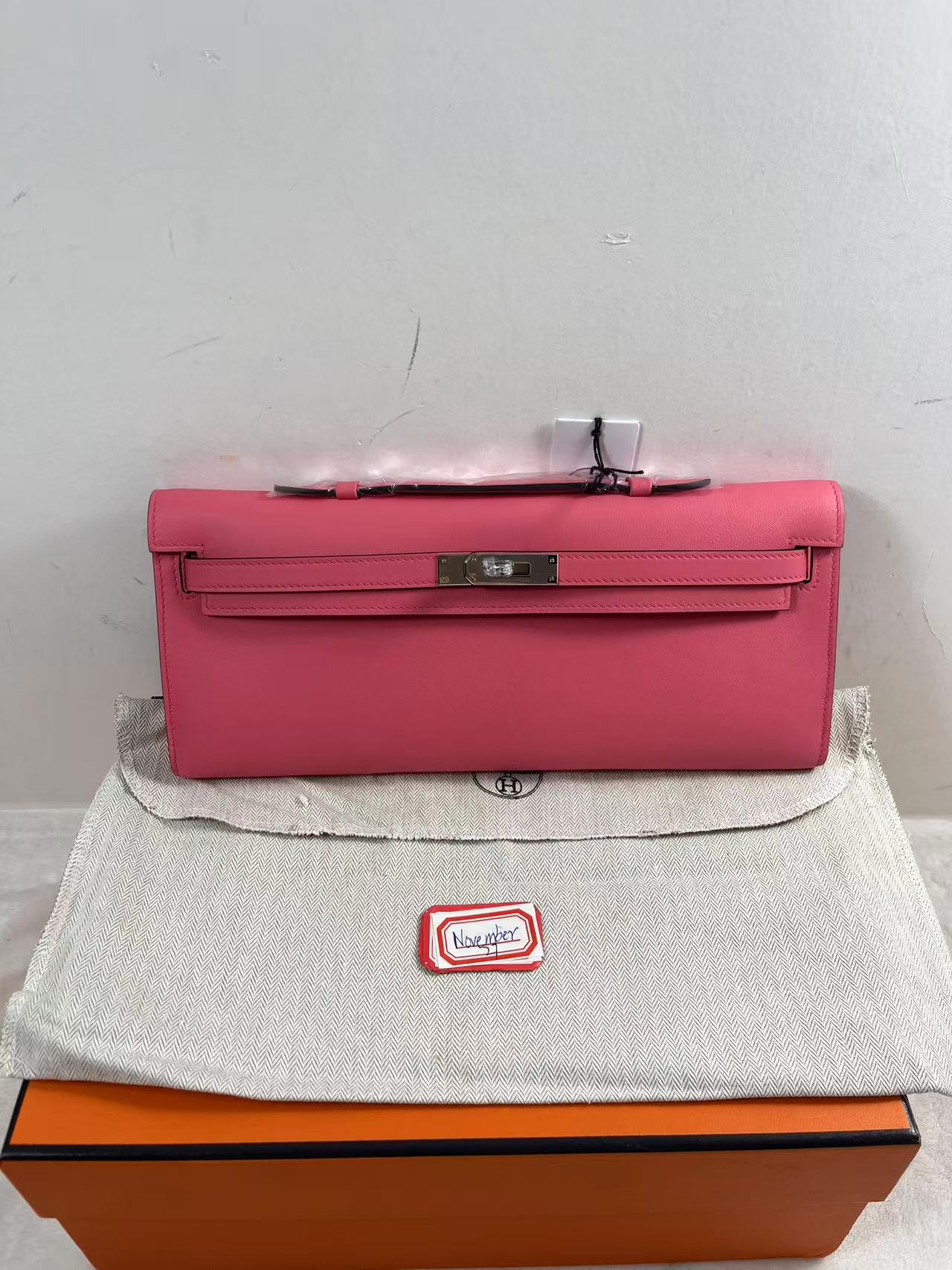 Hermès Kelly Cut Rose Azalee Swift Palladium Hardware bag