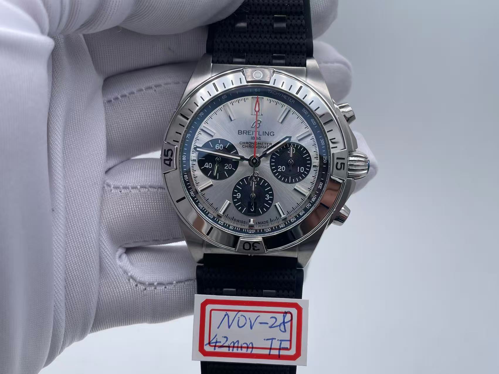 TF breitling 42mm sliver dial with leather strap