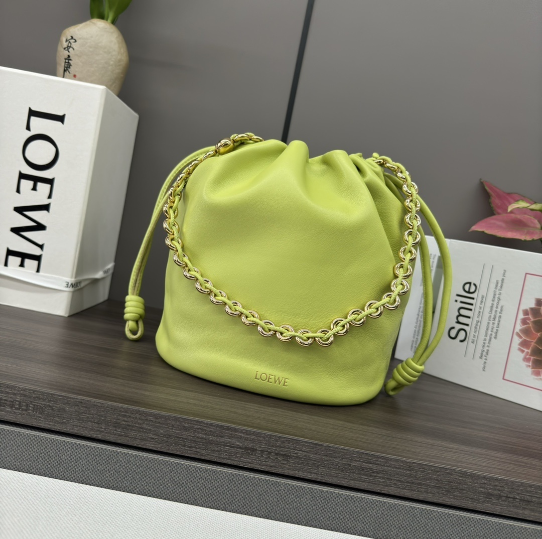Loewe x Paula's Ibiza Flamenco bucket bag in anise green napa leather with a gold-tone chain-link strap
