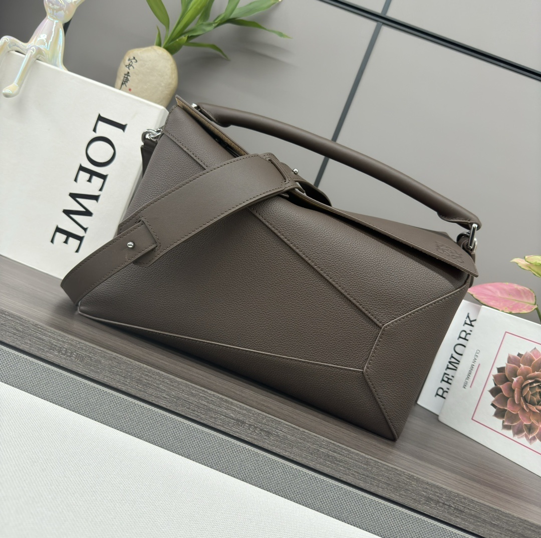Loewe Small Puzzle Edge bag in soft grained calfskin, cedar brown or grey color