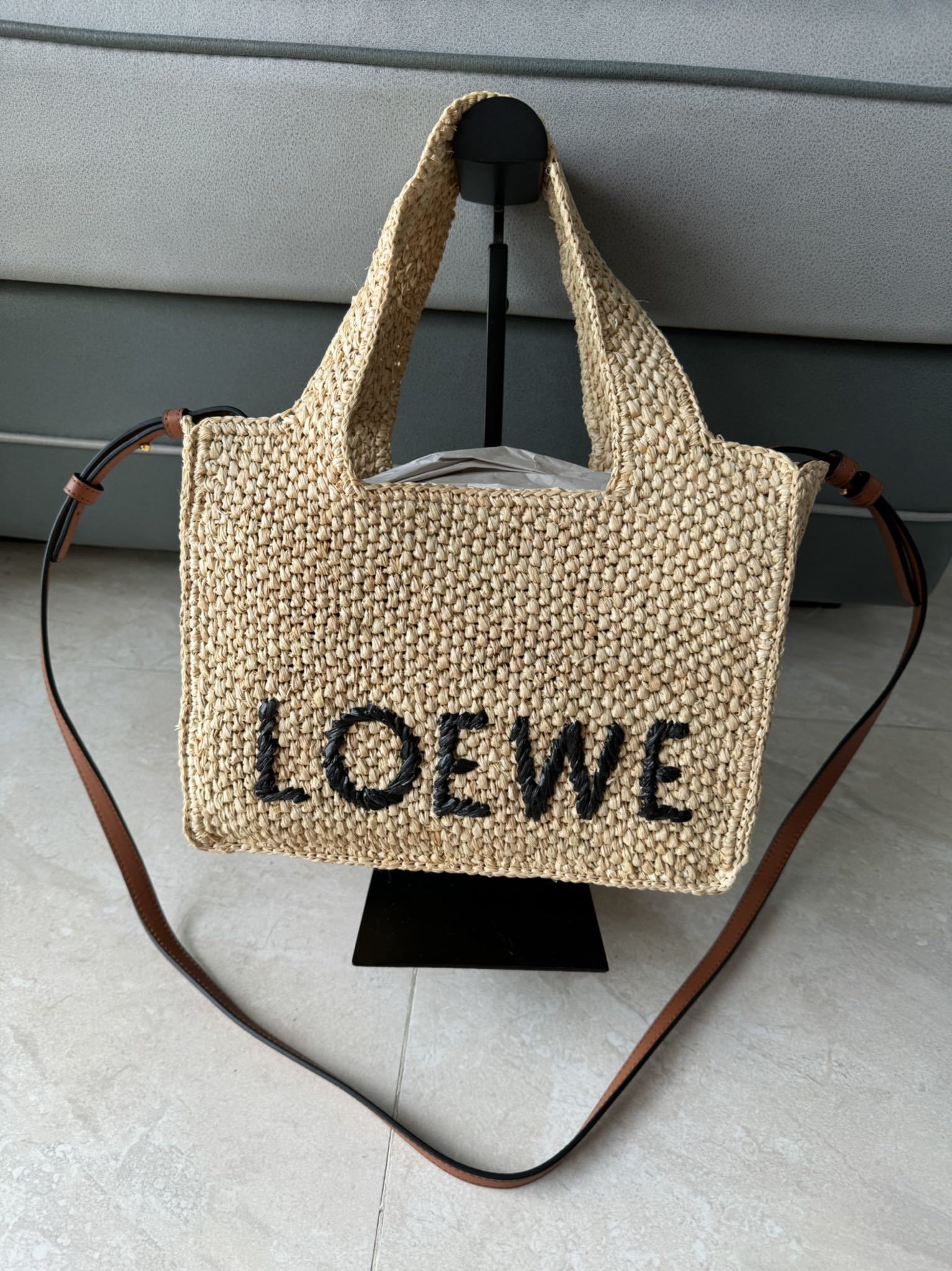 Loewe Font tote bag in raffia with a black logo