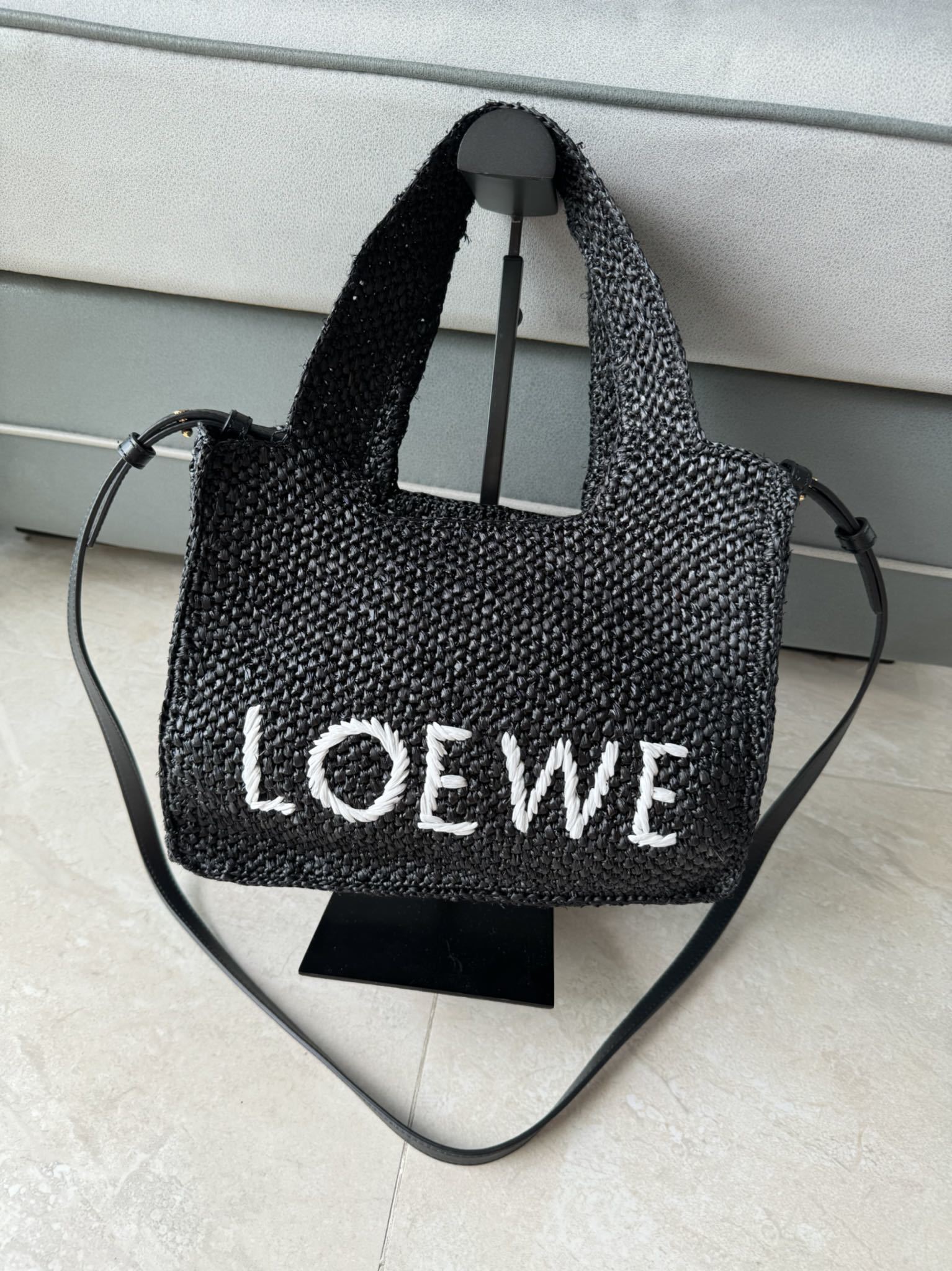 Loewe Mini Font tote bag in black raffia