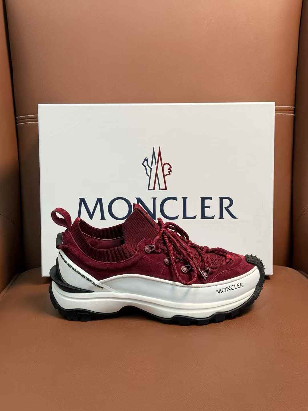 Moncler Trailgrip Lite3 sneakers nubuck and suede in a red/brown and white colorway