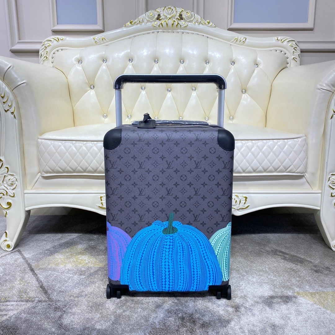 LV x Yayoi Kusama Horizon 55 suitcase in the Reverse Monogram Eclipse canvas with a blue pumpkin
