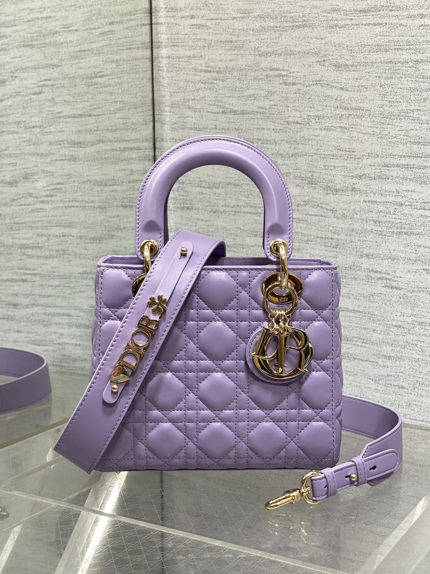 Dior My ABCDior bag in lavender lambskin with Cannage stitching and D.I.O.R. charms.