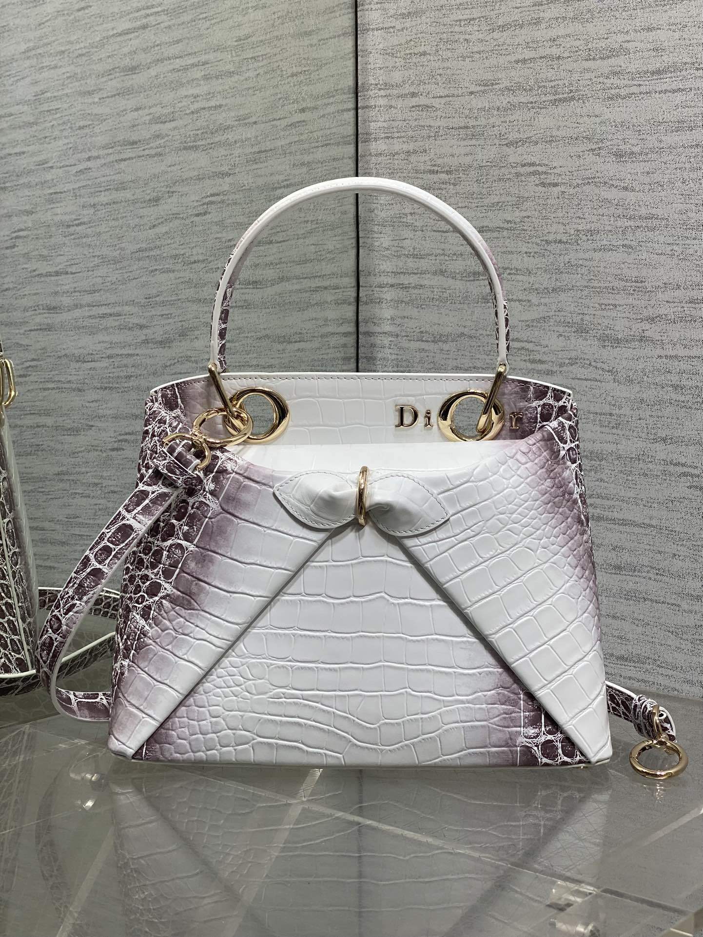 Dior Lady Dior bag in white and purple crocodile-embossed leather