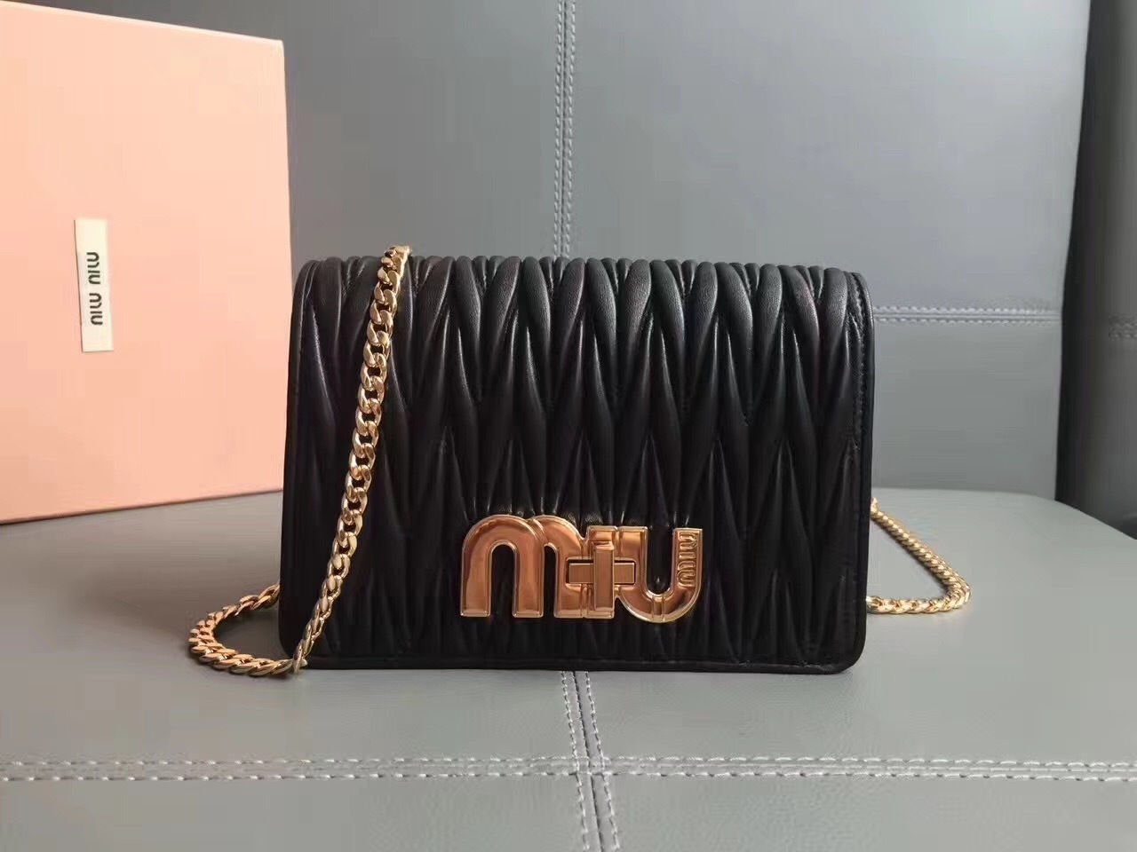 Miu Miu Matelasse Delice Miu Logo Bag in black lambskin leather