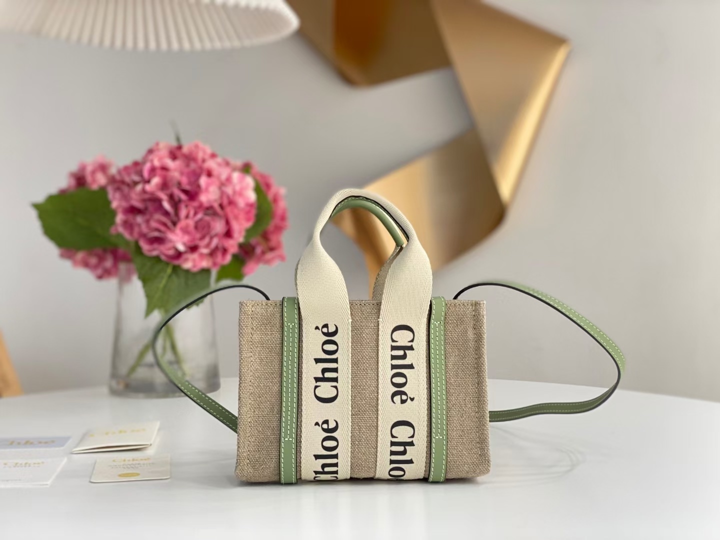 Chloe Woody mini tote bag linen canvas with contrasting green calfskin strips