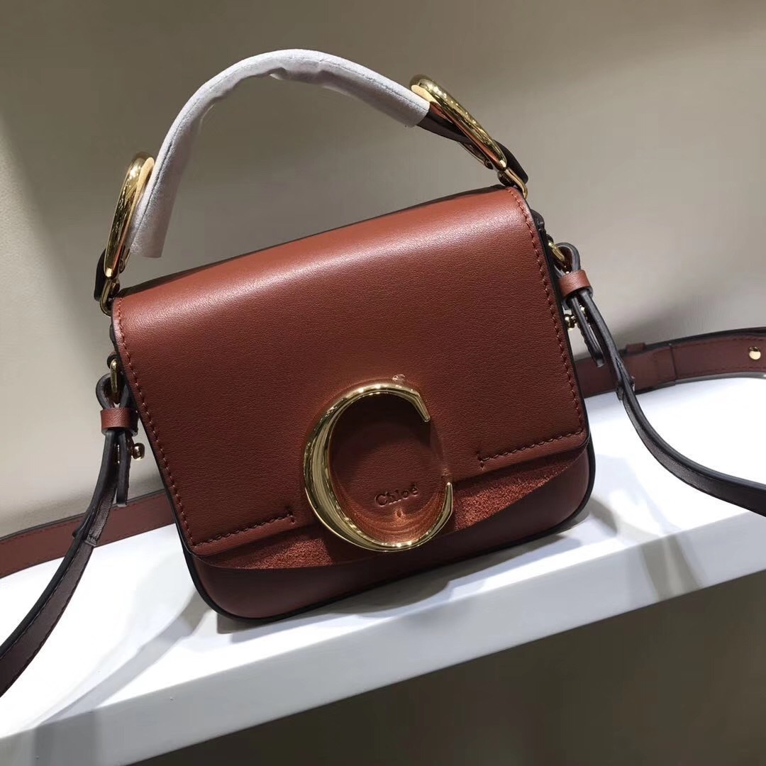 Chloe Mini C Box Bag in sepia brown calfskin leather