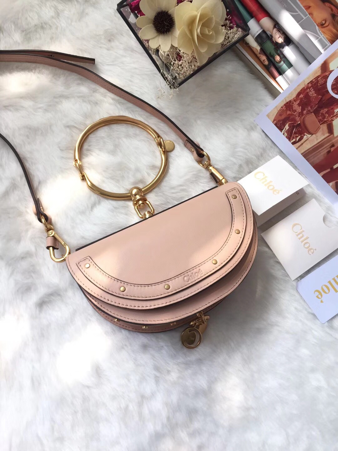 Chloe Calfskin Suede Small Nile Bracelet Bag in Washed Pink leather