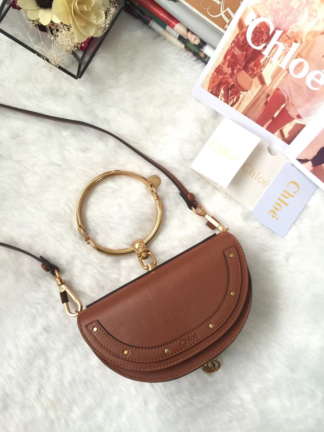 Chloe Nile Minaudiere or Bracelet Bag in brown calfskin leather with gold-tone hardware