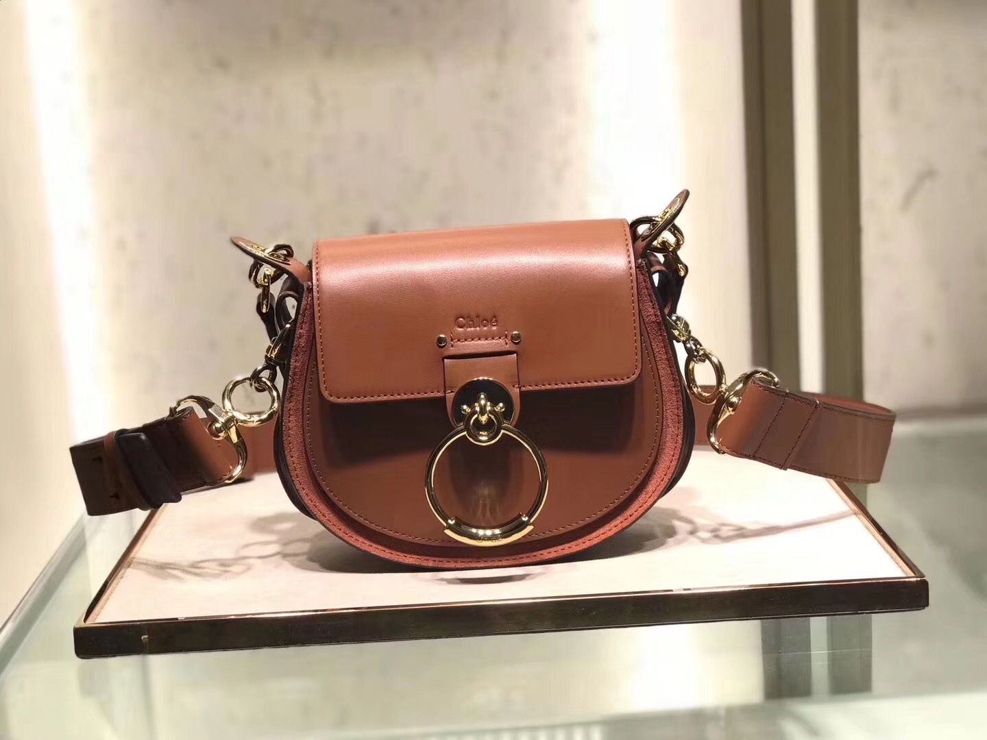 Chloe Small Tess bag in shiny and suede calfskin leather Sepia Brown