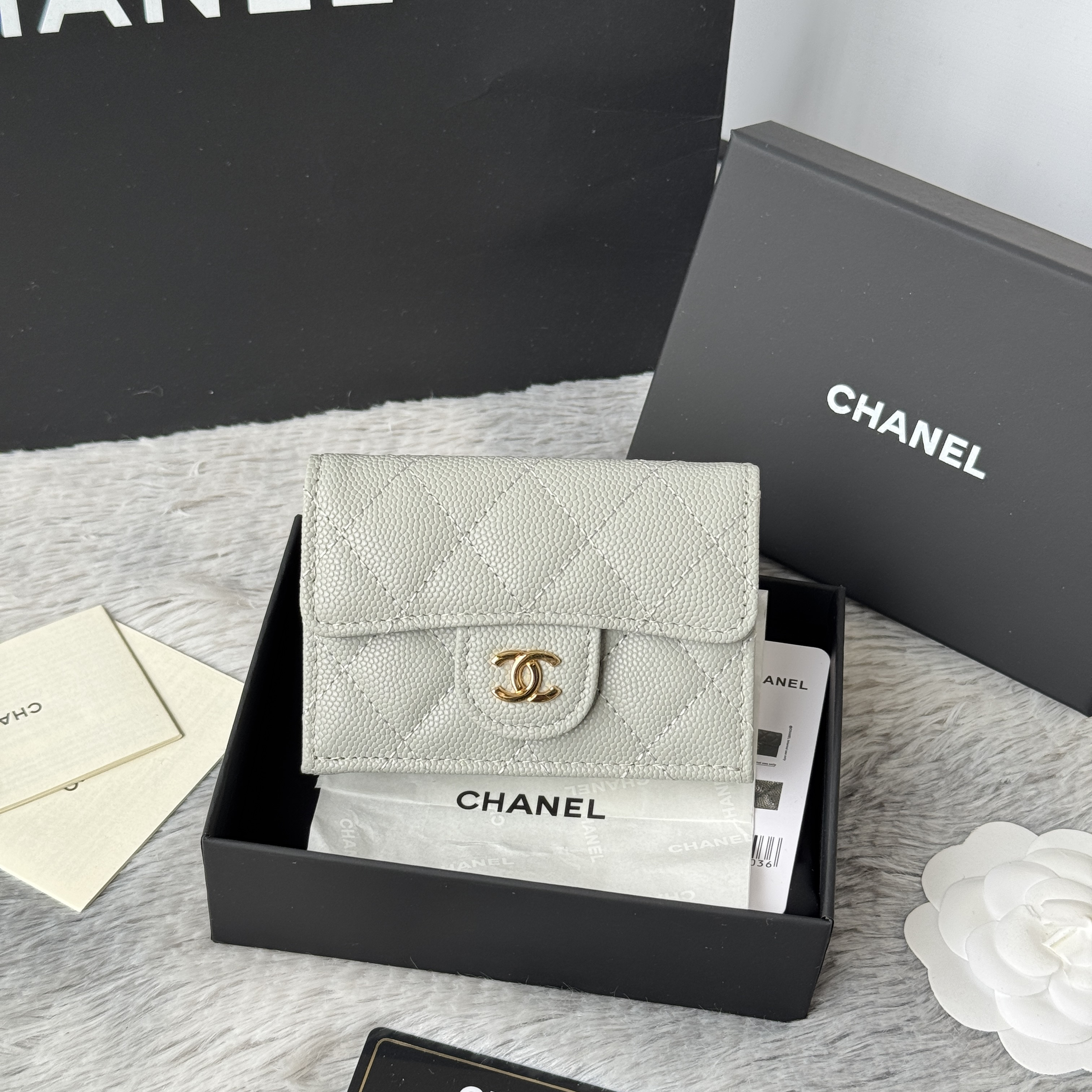 Chanel white quilted caviar leather small wallet