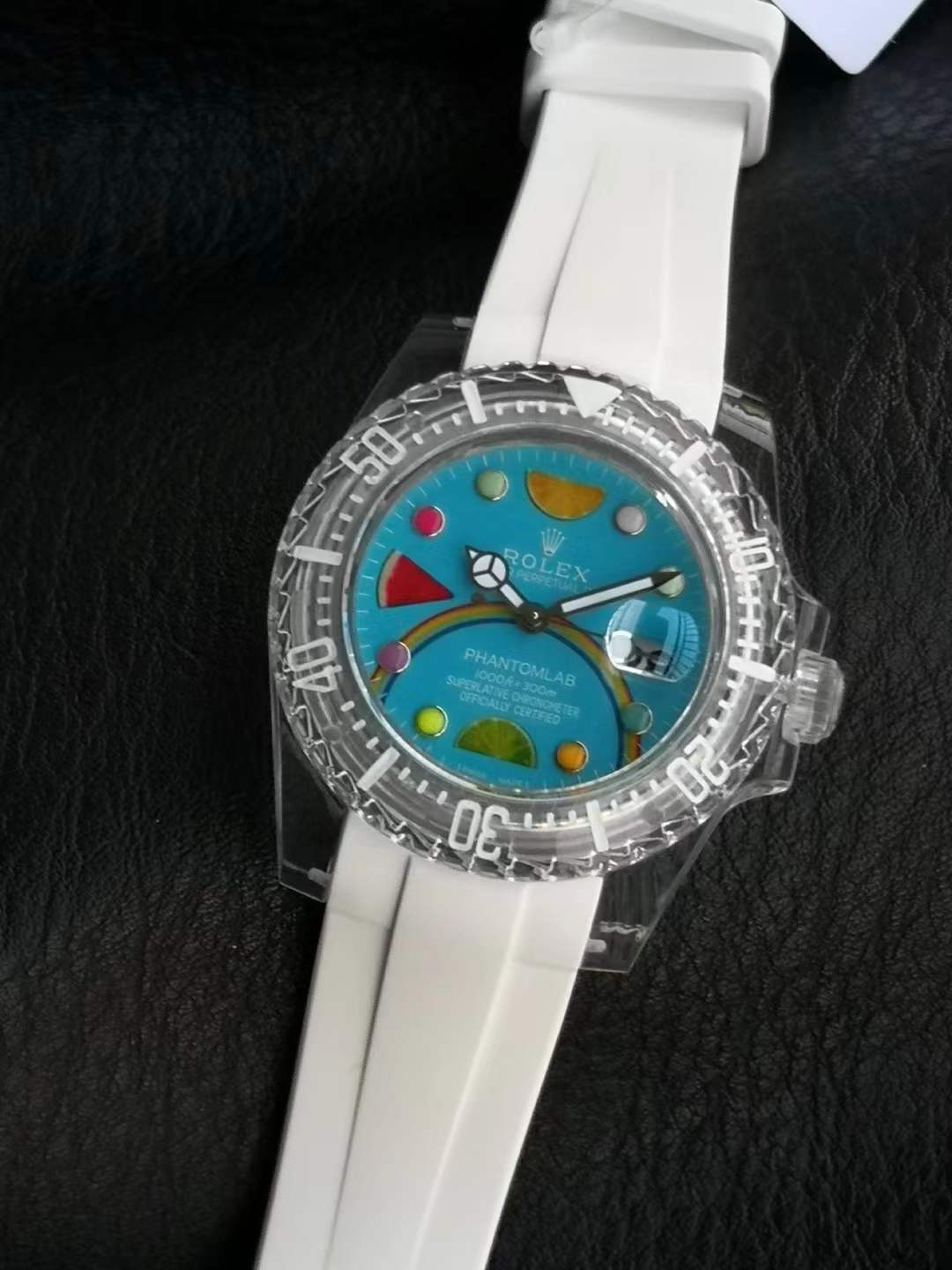 Rolex Phantomlab Submariner Blue Fruit edition watch with a white silicone strap