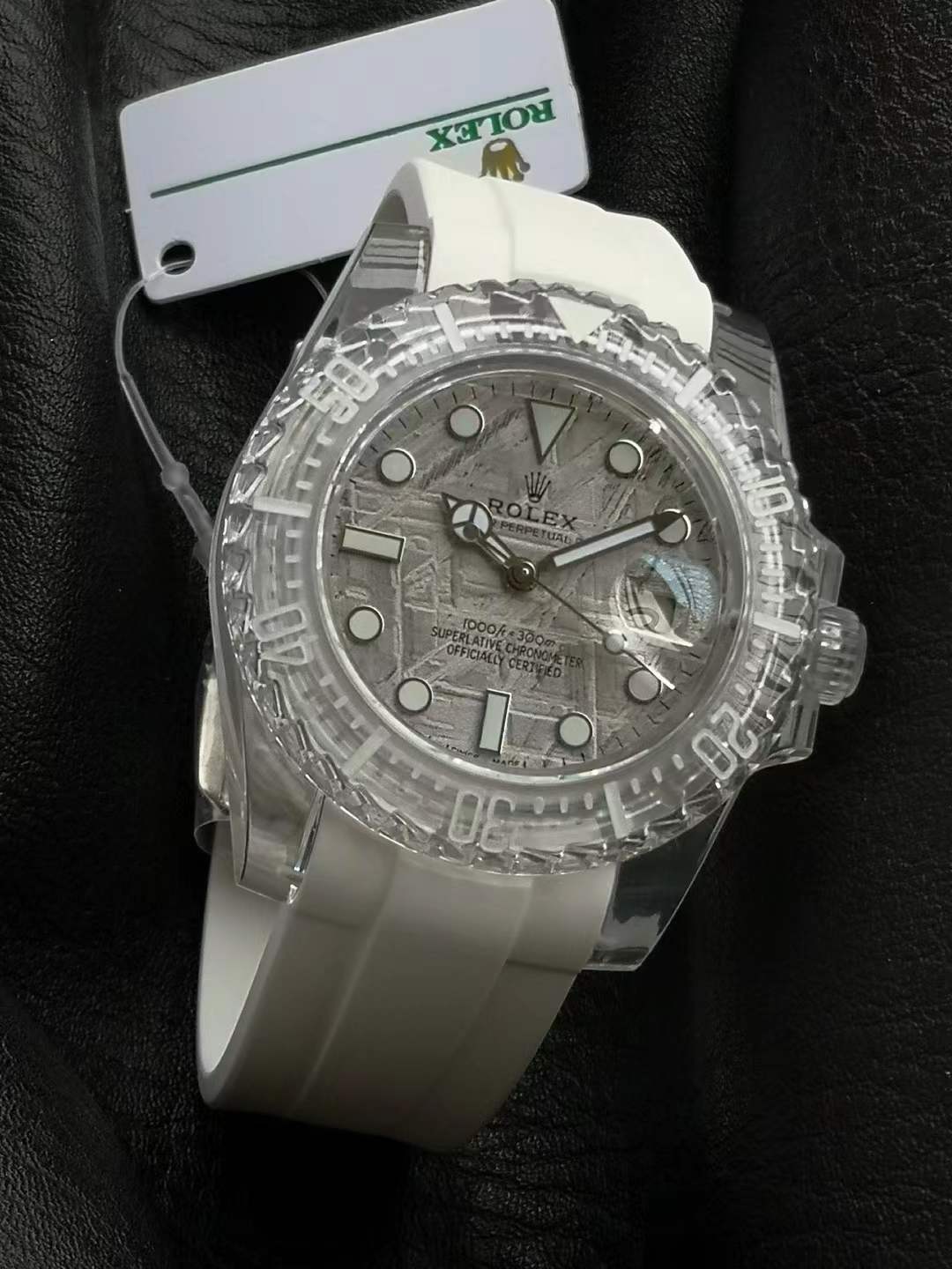 Rolex Submariner watch by Phantoms Lab transparent case and a white strap