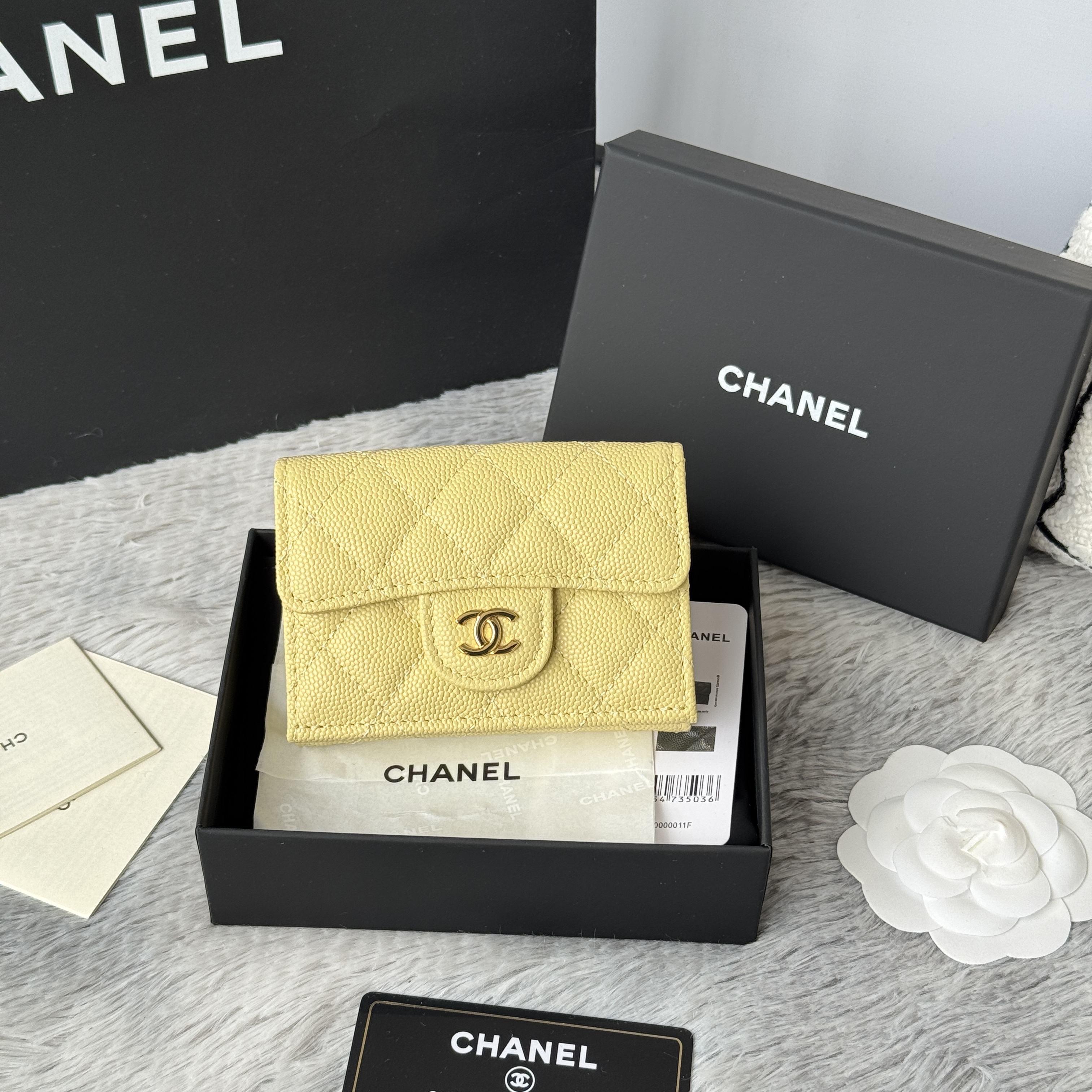 Chanel Caviar Quilted Flap Card Holder Wallet in yellow