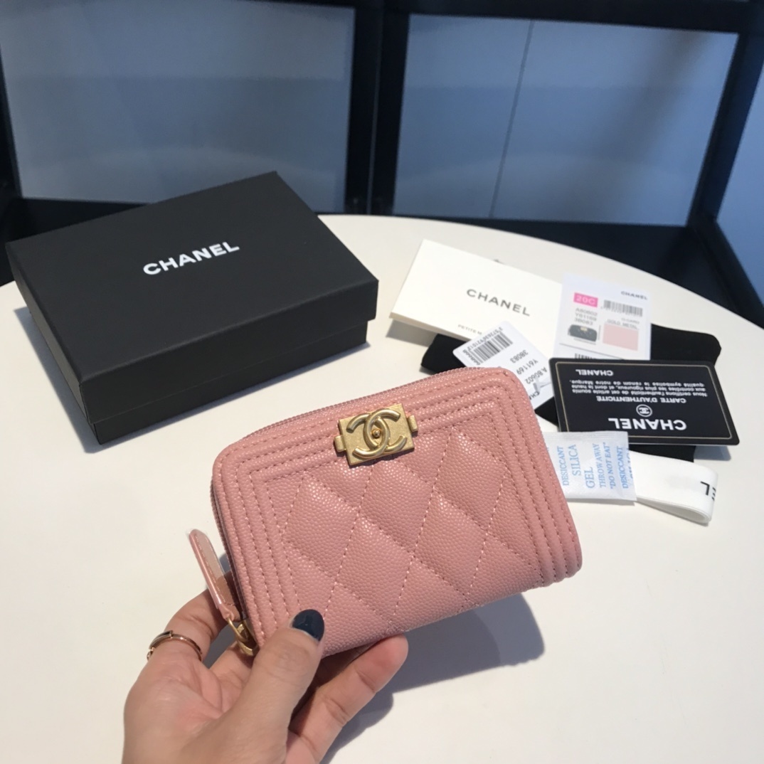 Chanel Caviar Quilted Boy Zip Around Coin Purse Wallet