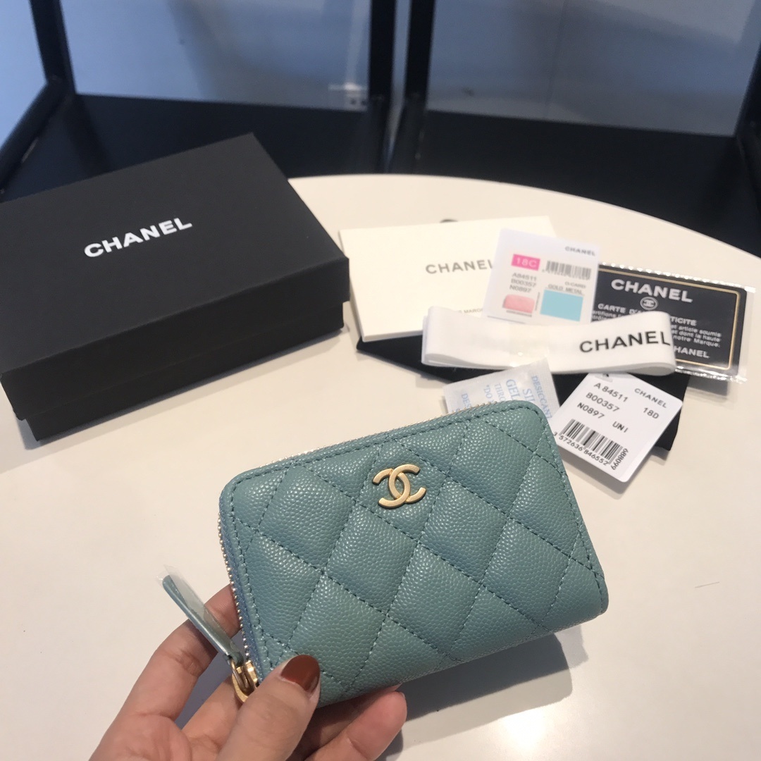 Chanel Caviar Quilted Zip Around Coin Purse Wallet in light blue
