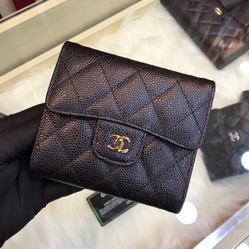 Chanel Classic Small Flap Trifold Wallet in black caviar leather