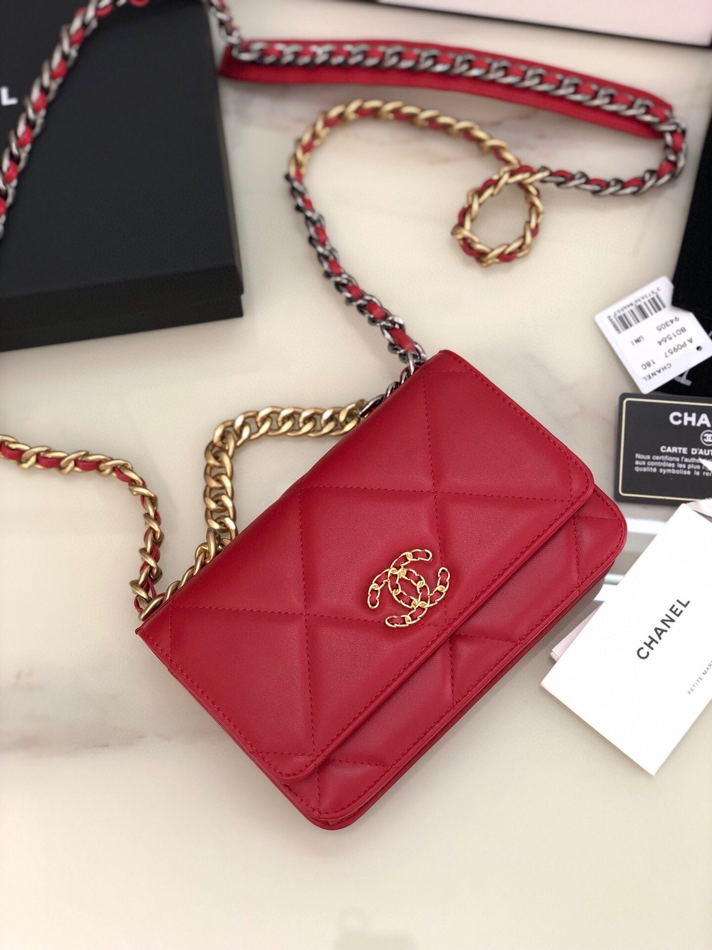 Chanel 19 Wallet on Chain in red quilted goatskin leather