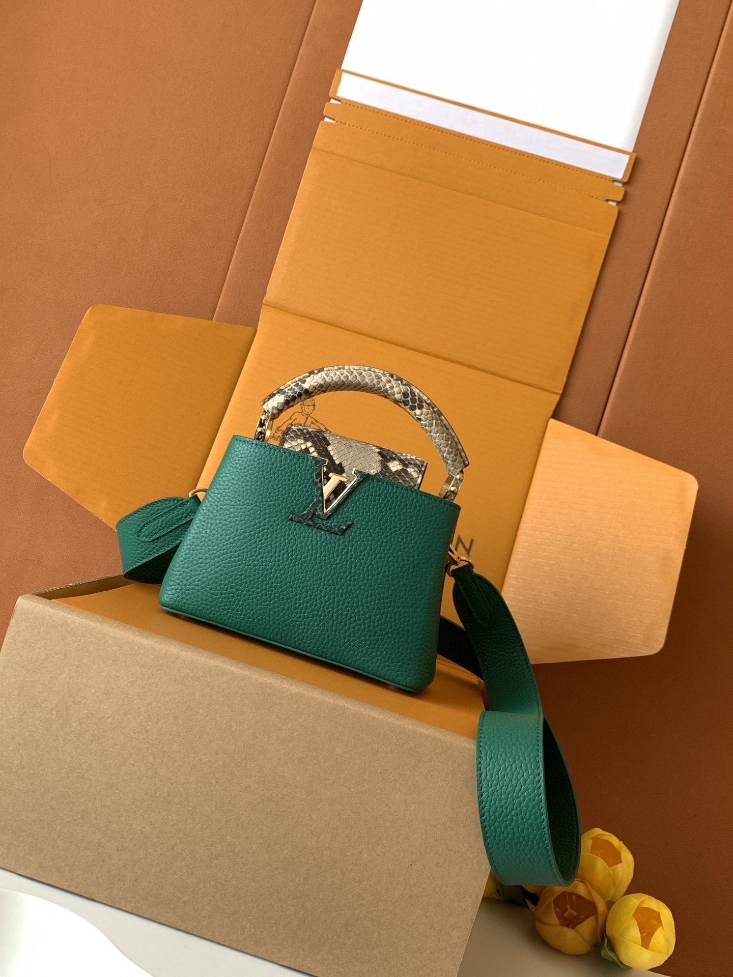 LV Capucines BB bag in green leather and python