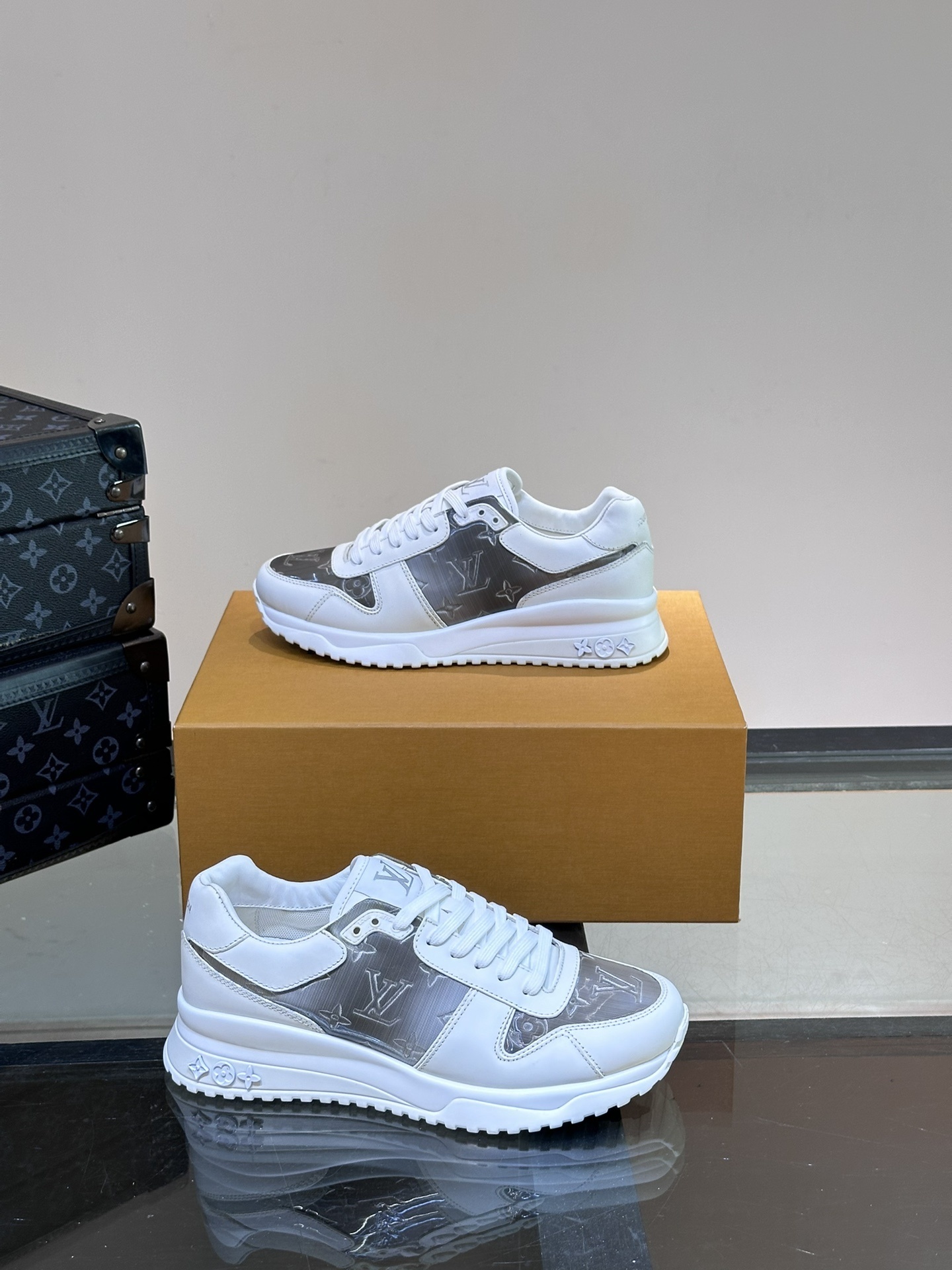 LV Run Away sneaker in white with a grey Damier pattern