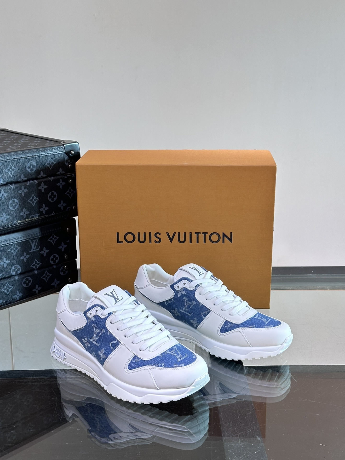 LV Run Away sneakers in white and blue Monogram denim and calf leather