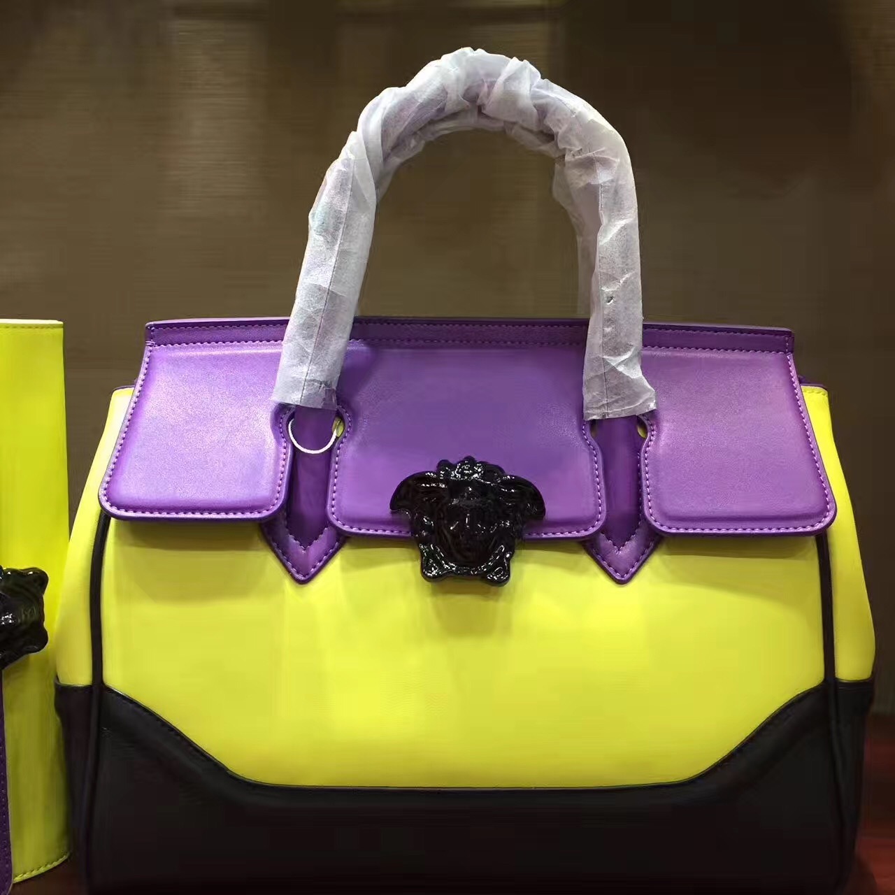 Versace Tri-Color Leather Palazzo Empire Tote bag in yellow, purple, and black calfskin leather.