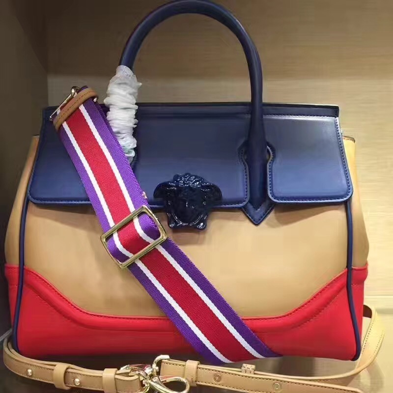 Versace Palazzo Empire bag in a tan, blue, and red color combination, crafted from calfskin leather