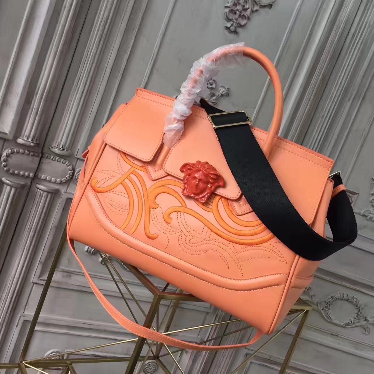 Versace Palazzo Empire bag in orange leather with baroque embroidery