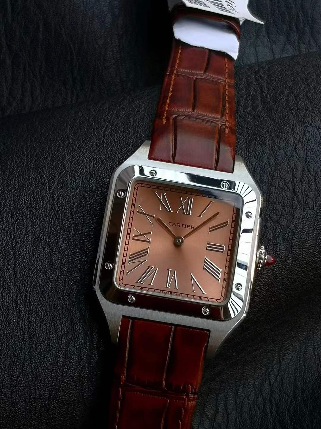 Cartier Santos-Dumont XL watch (ref. WGSA0113) in a platinum case with a copper-effect dial and a brown alligator leather strap