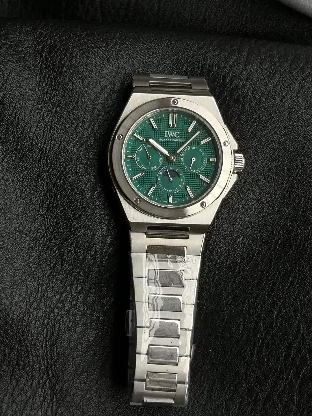 IWC Ingenieur Automatic 40 watch with a green "Grid"-patterned dial