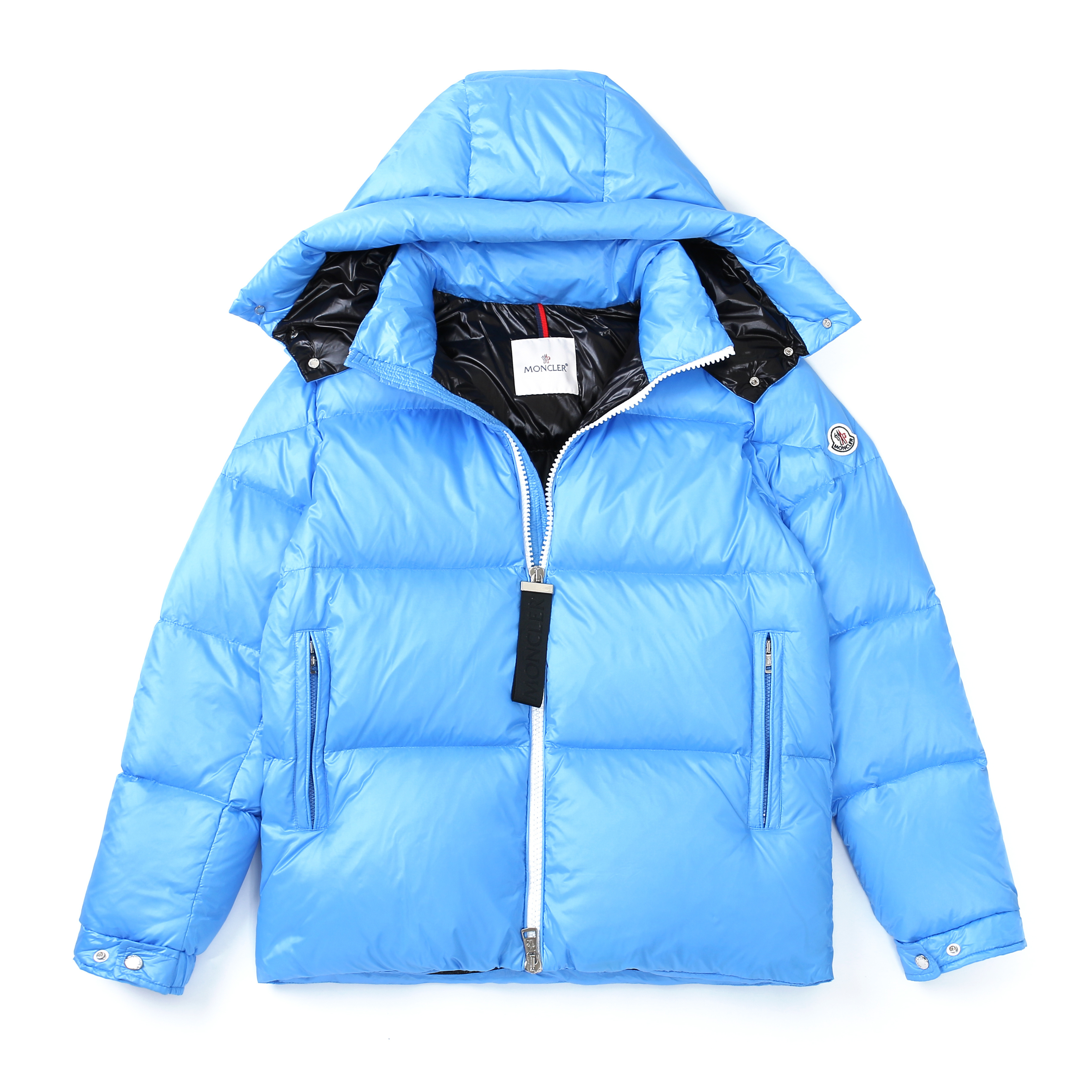 Moncler Maya short down jacket in a light blue glossy nylon laqué finish