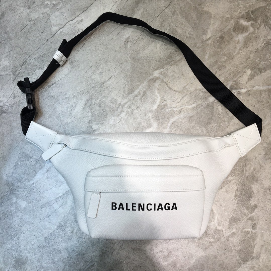 Balenciaga leather logo belt bag in white with a black strap