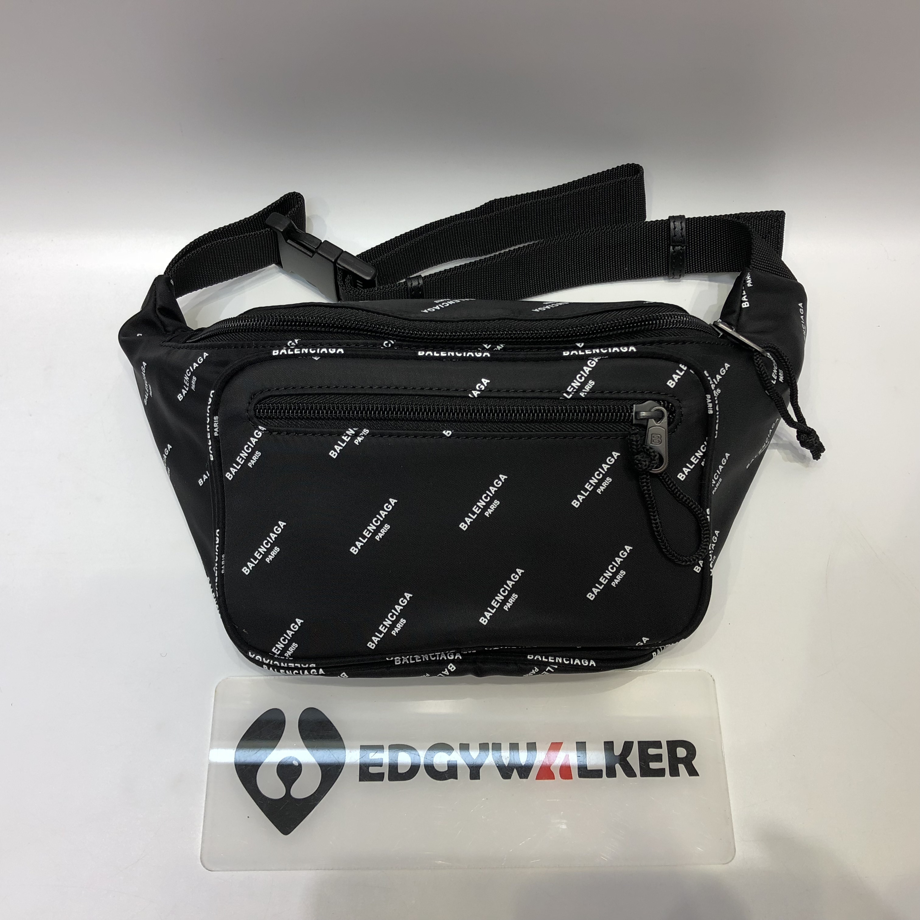 Balenciaga Explorer belt bag in black recycled polyamide with an all-over logo print