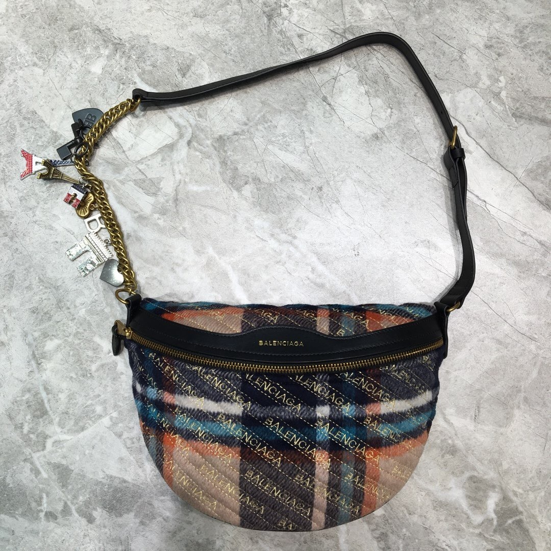 Balenciaga Wool Plaid Diagonal Allover Logo Matelasse XS Souvenir Belt Bag