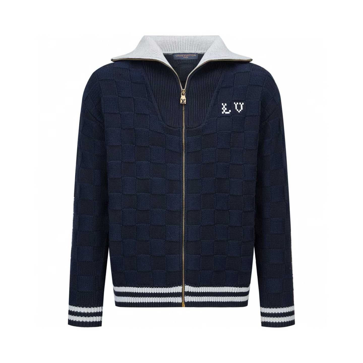 LV Damier Knit Blouson in navy blue cotton and wool blend.