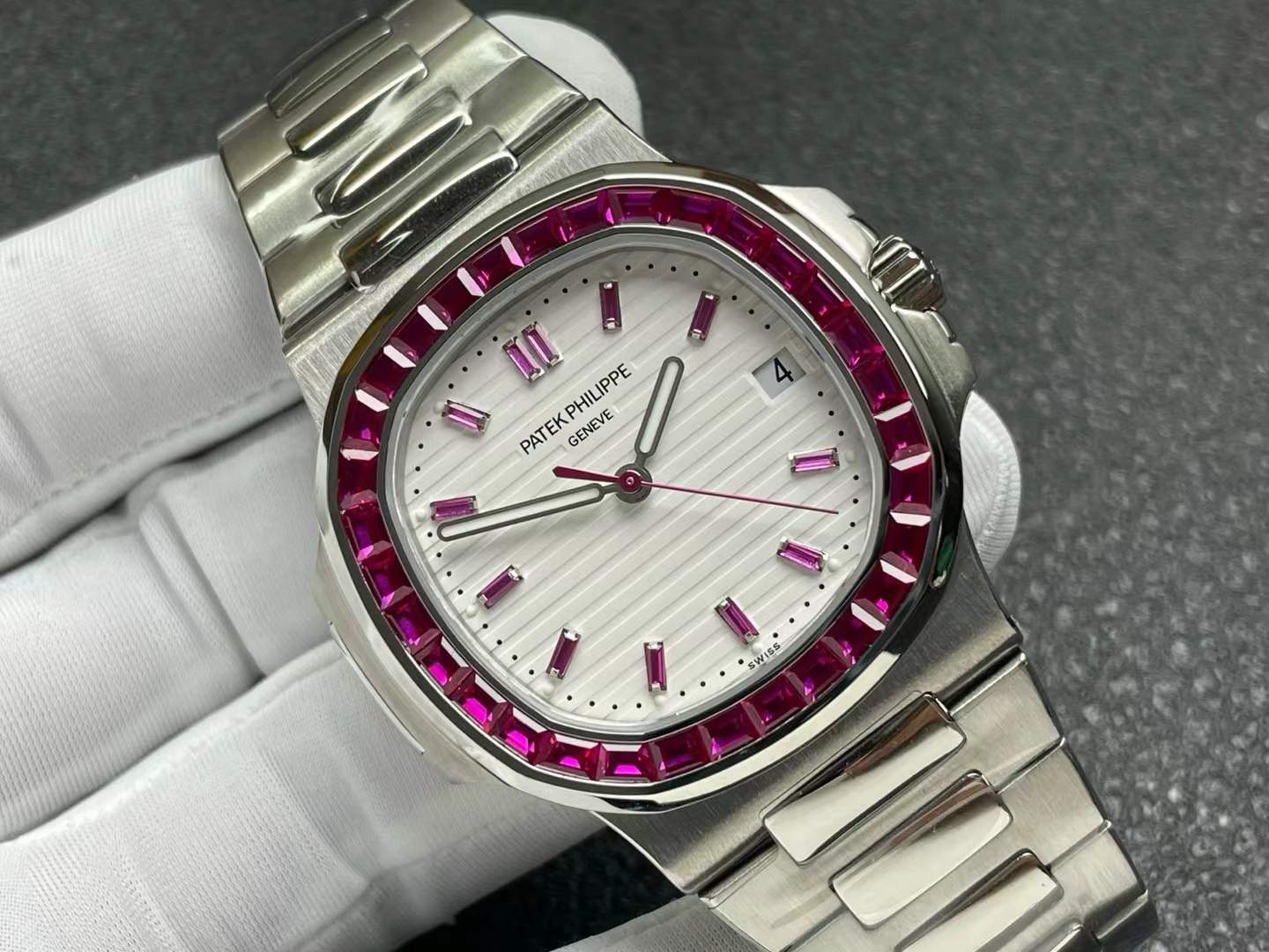 patek philippe white dial with pink stone