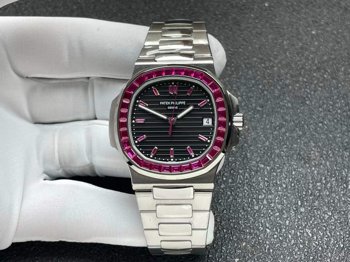 patek philippe black dial with pink stone