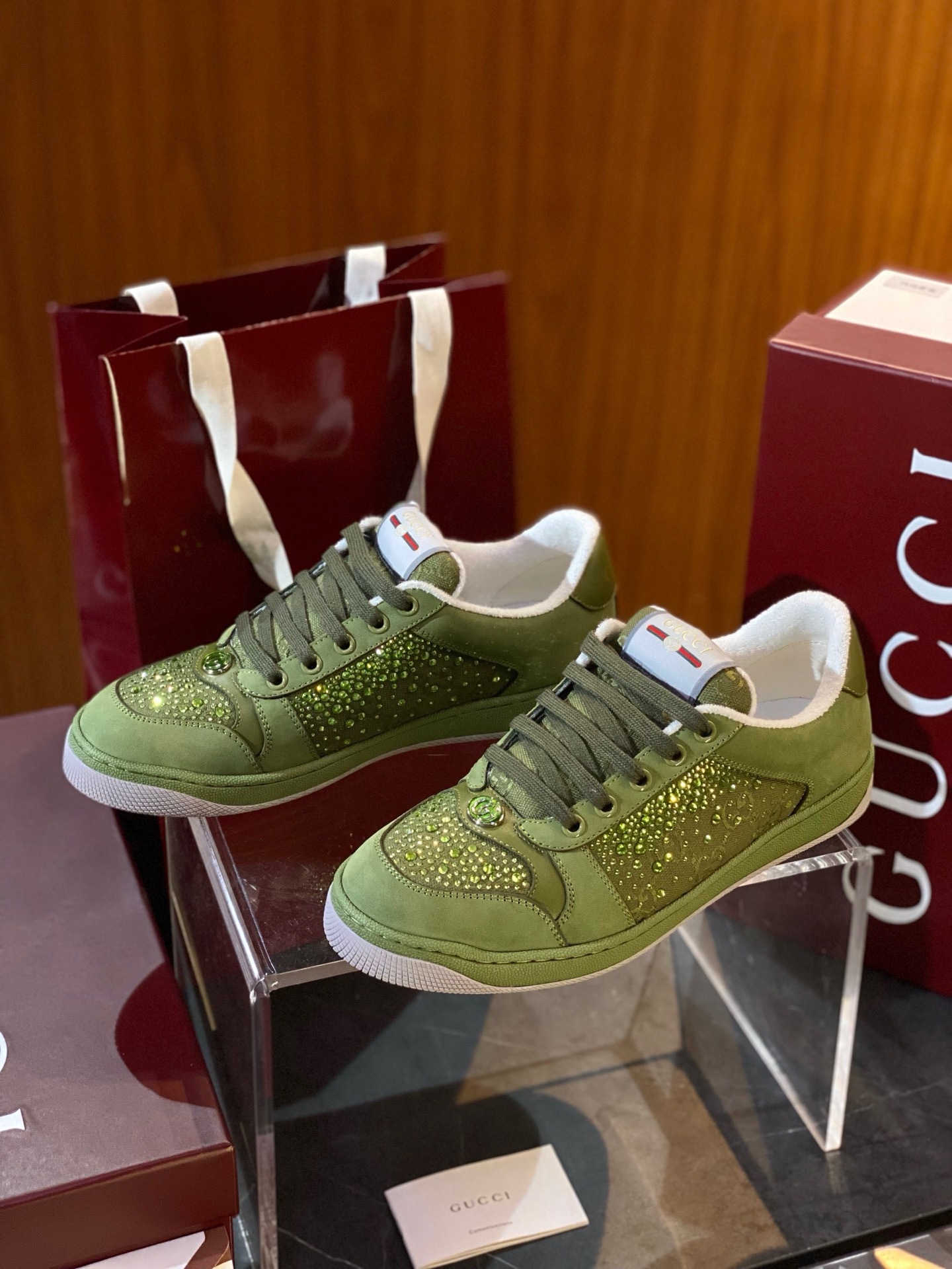 Gucci Screener sneakers in green suede with crystal embellishments
