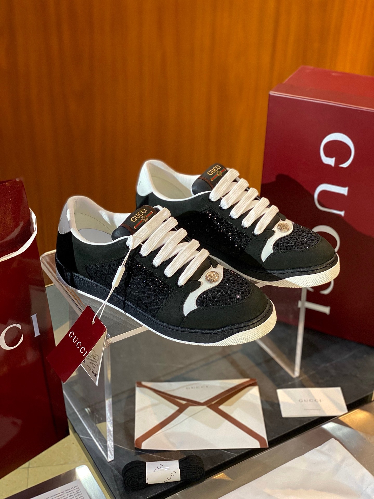 Gucci Shift GG crystal sneaker in black mesh