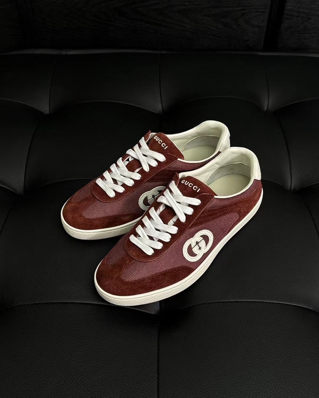 Gucci G74 sneakers in a burgundy suede and mesh or canvas material