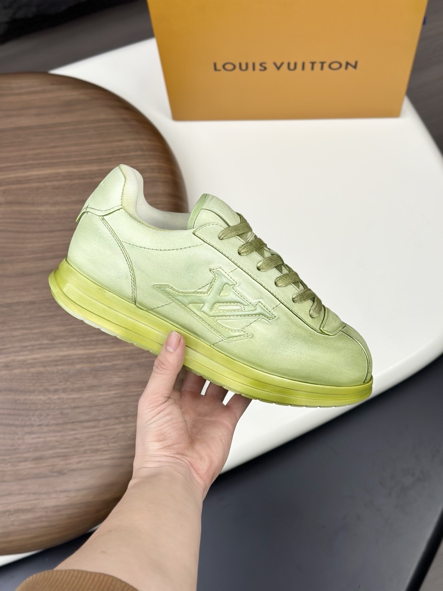 LV Buttersoft Sneaker in Khaki Green lambskin and plain calf leather