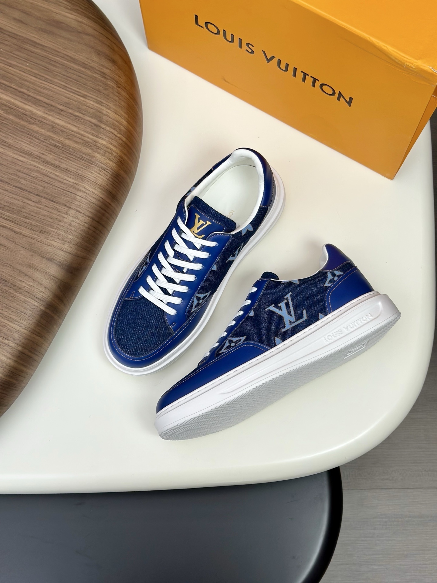 LV Beverly Hills sneaker in Monogram denim with coordinating blue calf-leather trim.