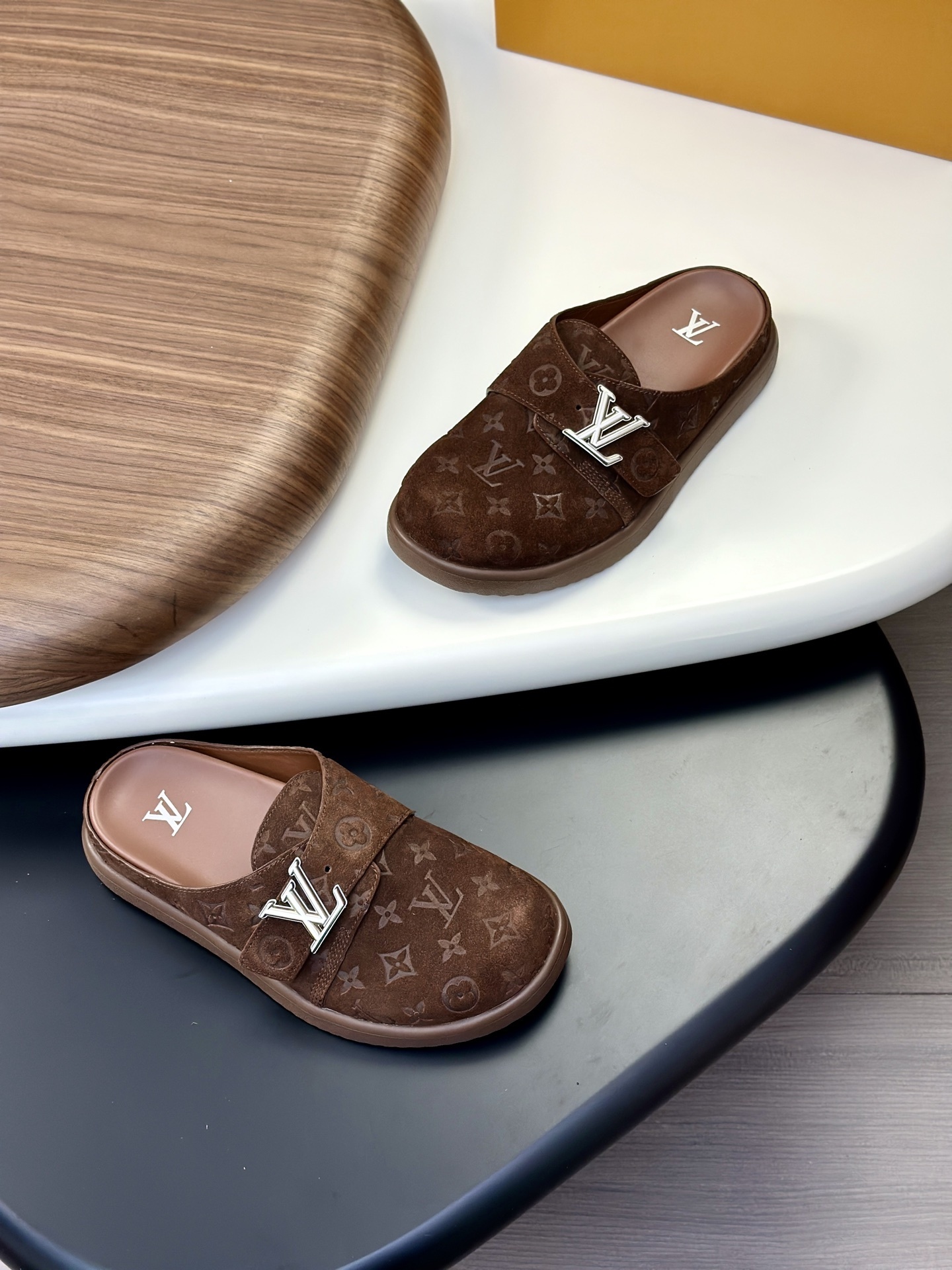LV Easy mule in brown suede calf leather with an embossed Monogram pattern